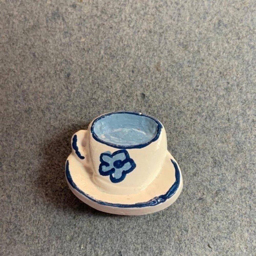 Tea Cup Button Cover White Blue Plaster Handmade Hand Painted